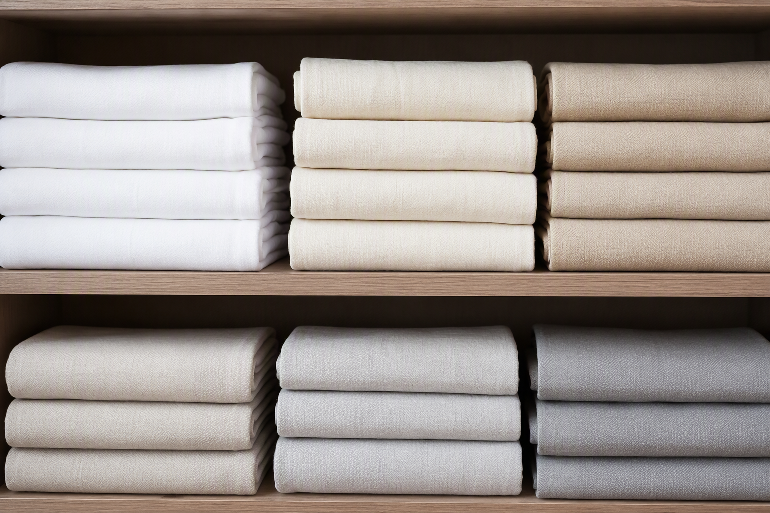 Folded tablecloths in core neutral colours stacked on a linen room shelf