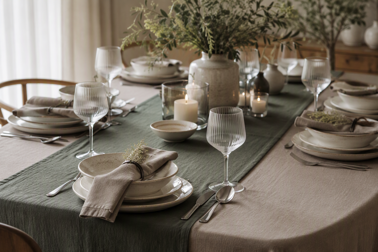 A set table with a taupe tablecloth, taupe napkins and a deep green runner