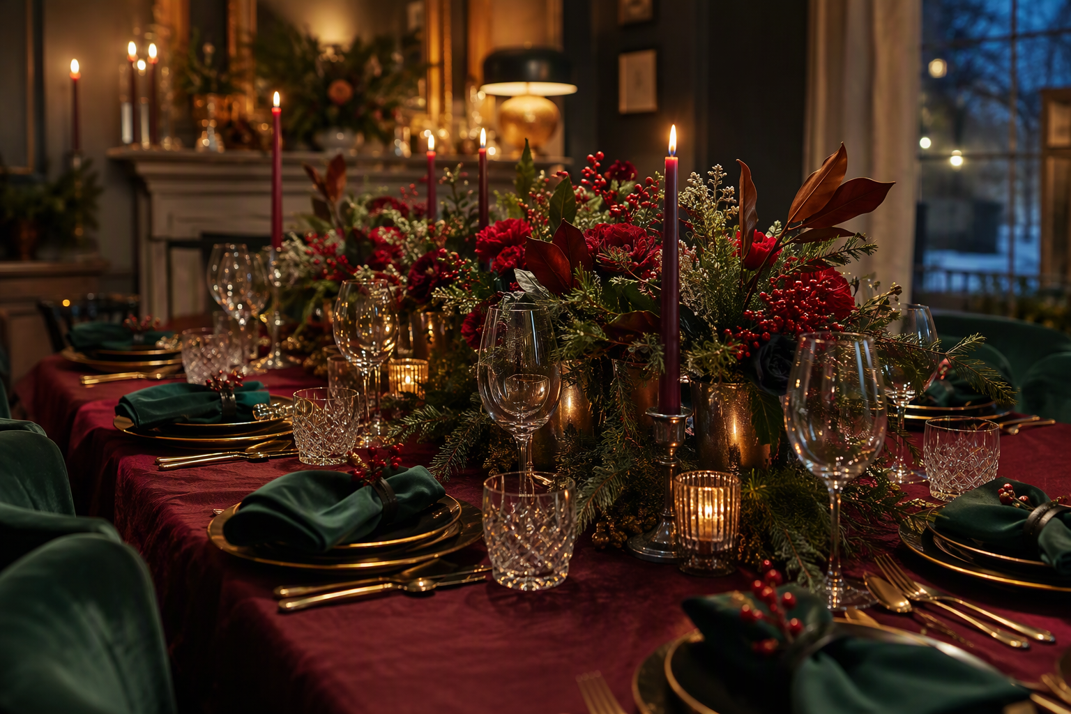 A seasonal holiday table setting in burgundy and emerald