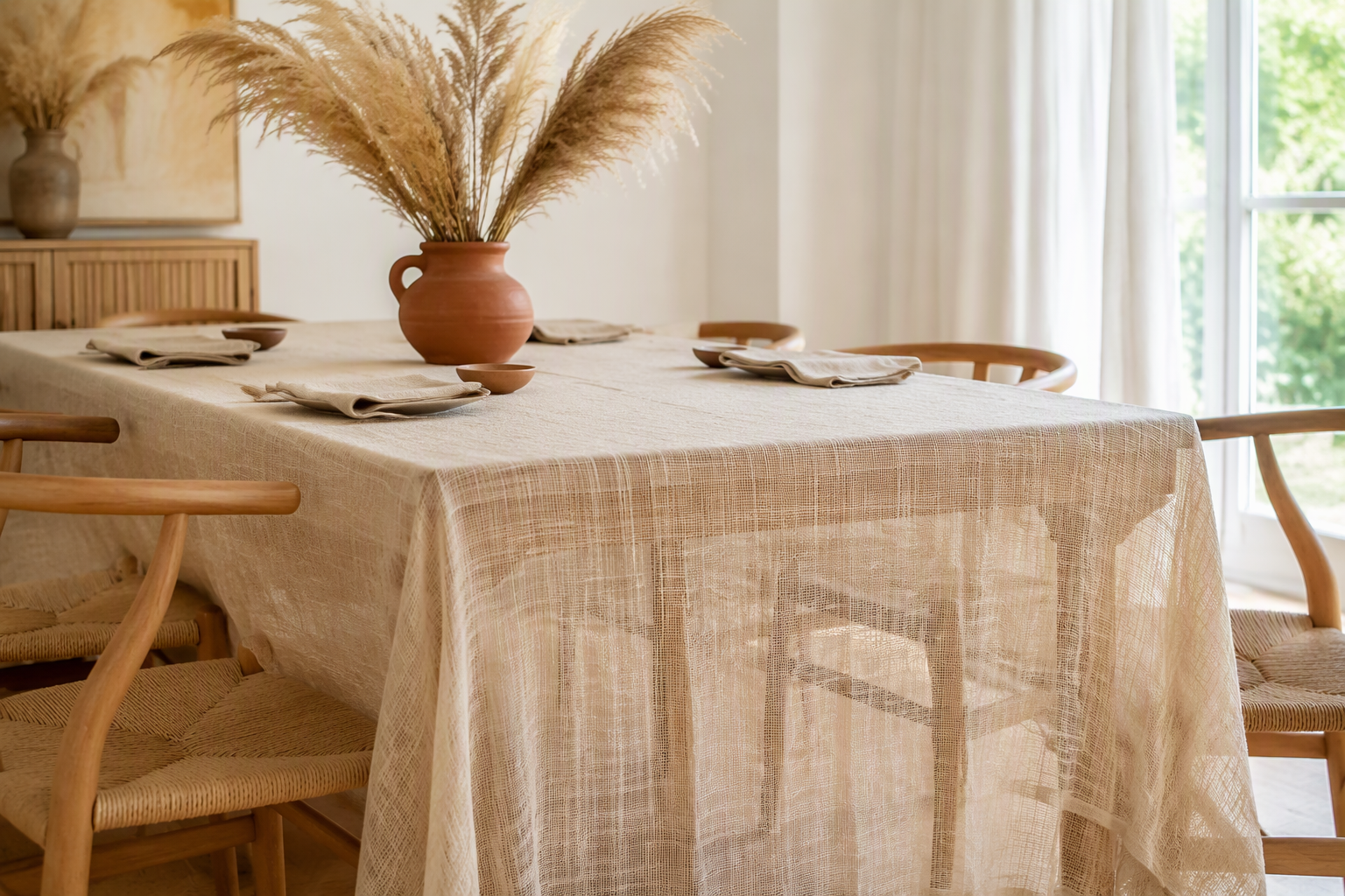 A standalone beige gauze tablecloth over a light wood table in a boho styled room