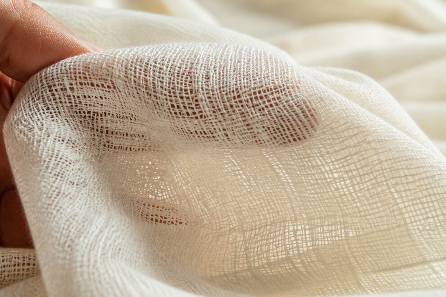 Macro close-up of double gauze fabric showing the fine two-layer open weave