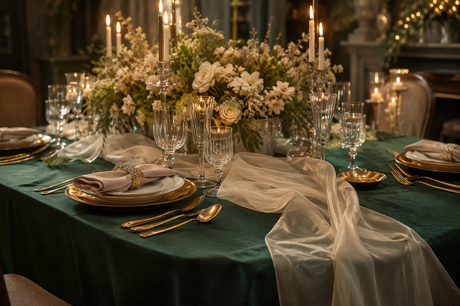 A sheer ivory gauze overlay layered over a deep emerald base tablecloth