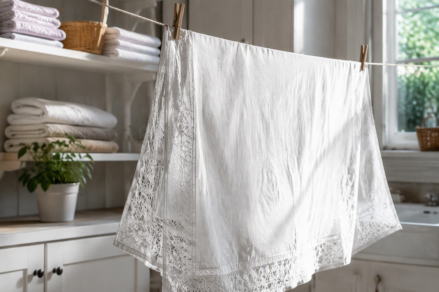 A sheer gauze tablecloth hanging on a line to air dry