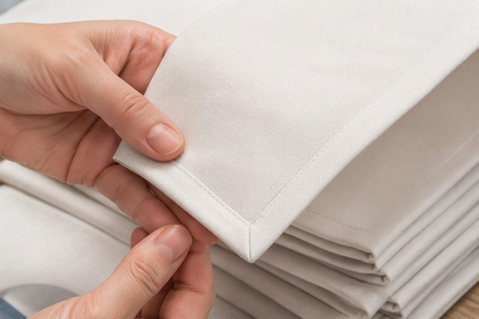 A hand inspecting the pressed hem and corner of a folded tablecloth