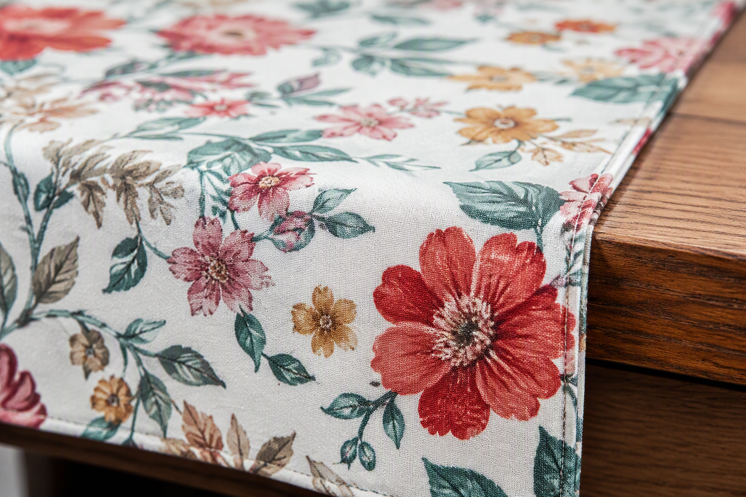 A printed table runner edge with the pattern repeating cleanly to the finished hem