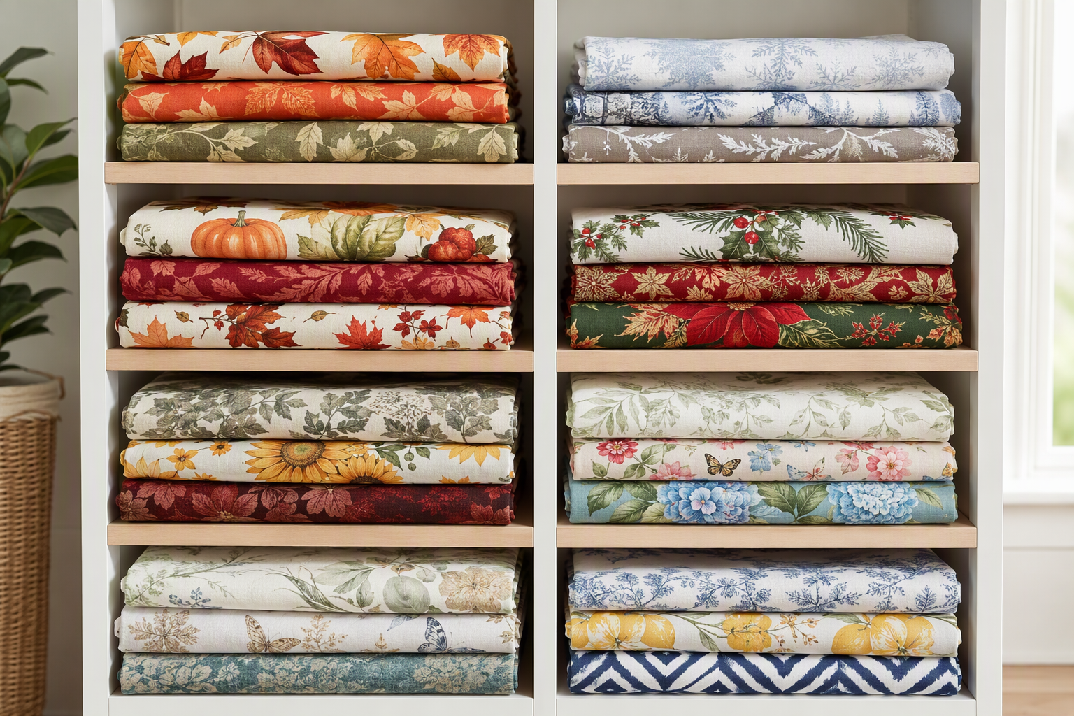 Folded printed table runners in several seasonal patterns organized on a shelf