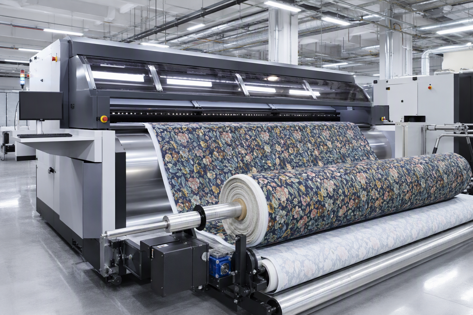 A textile digital printing machine printing patterned fabric in a modern factory