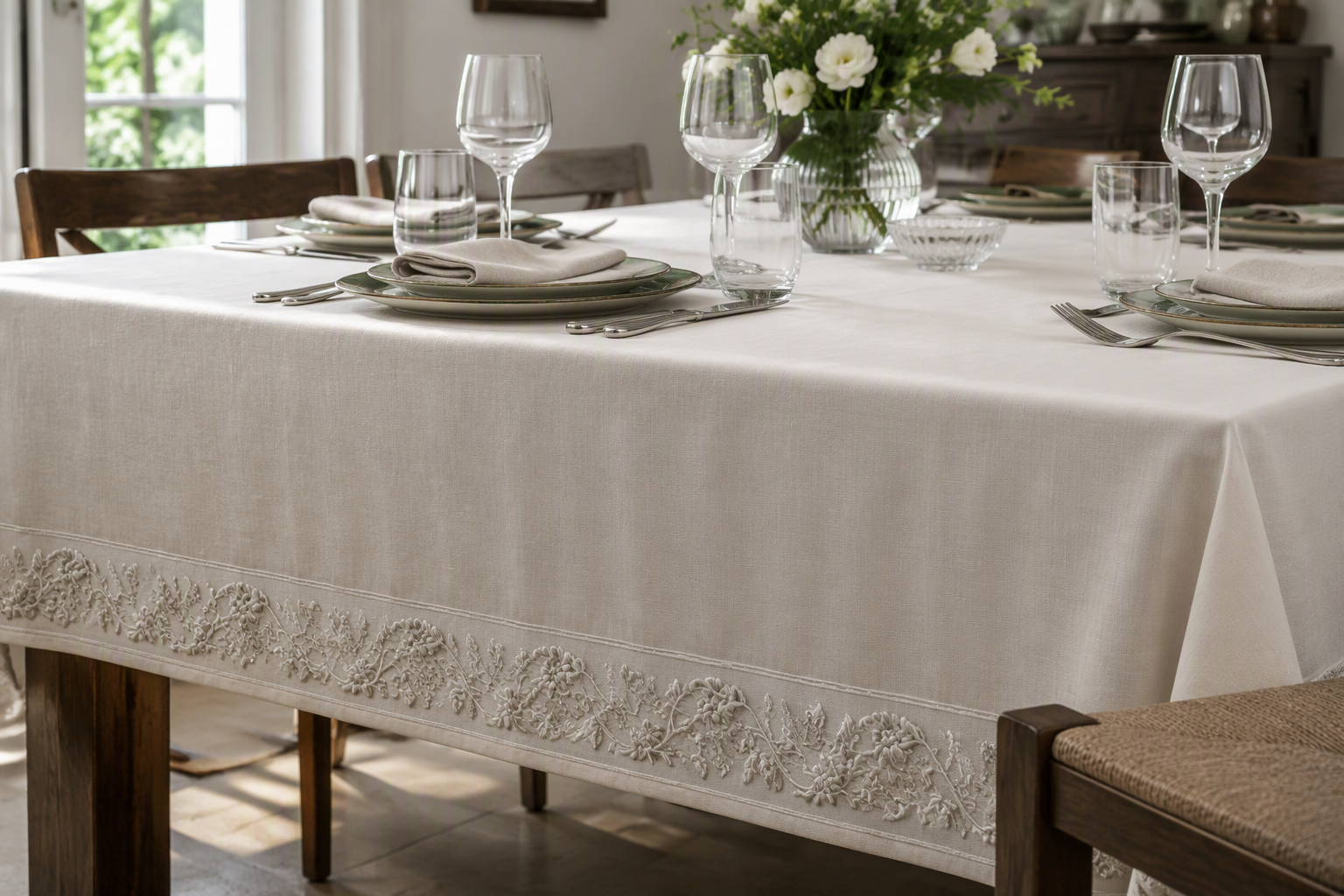 A table setting showing how an embroidered border sits below the plates along the table edge