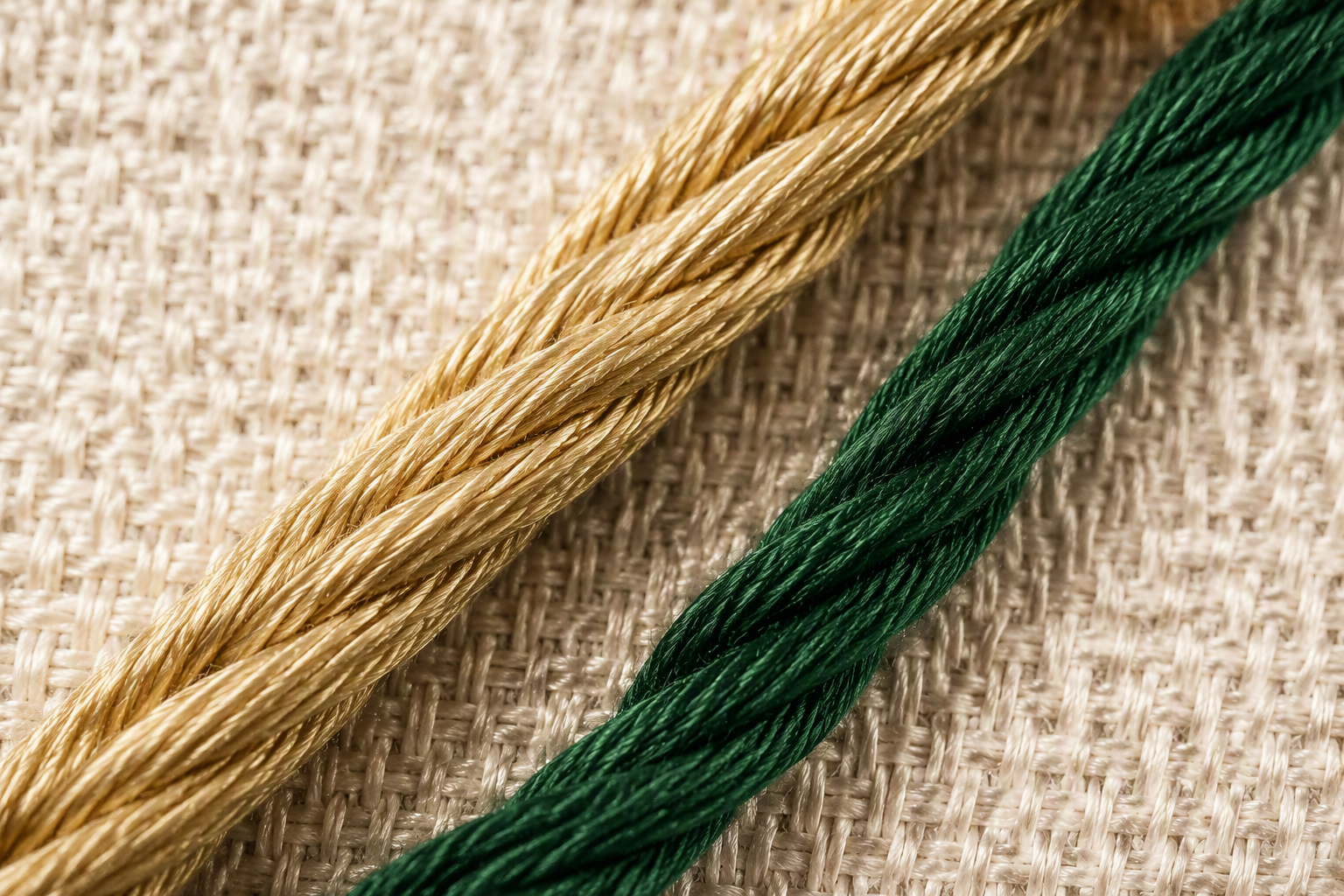 Two embroidery thread strands in champagne and emerald laid over a tightly woven ivory fabric