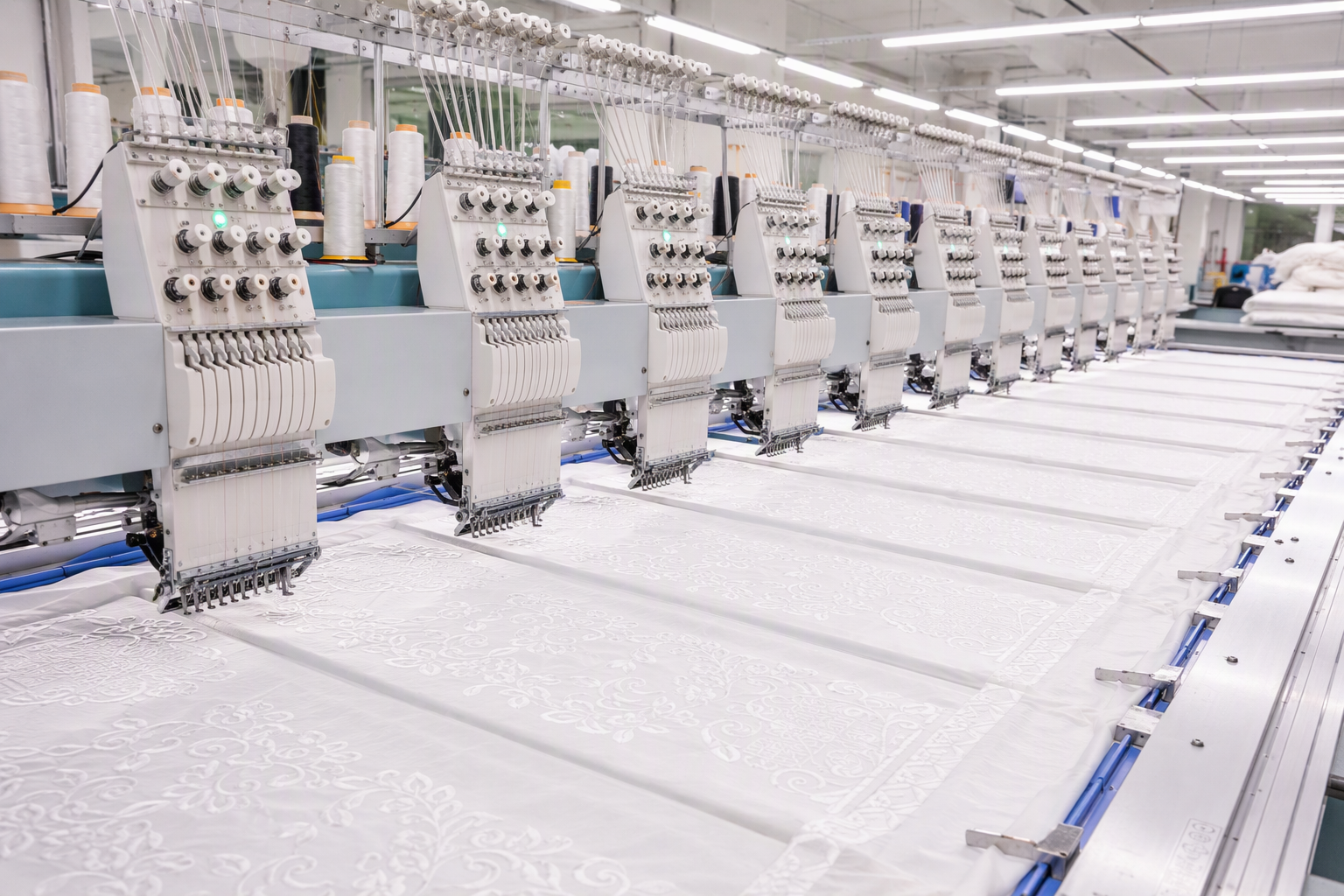 A row of industrial embroidery machines stitching large tablecloth panels on wide frames