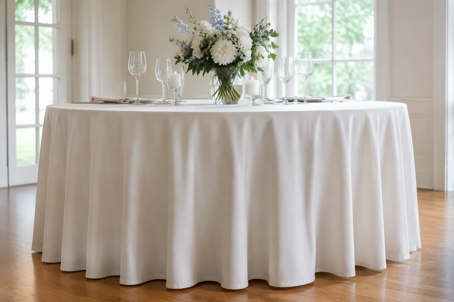 A round table with a heavy natural white cotton tablecloth draping in smooth even folds