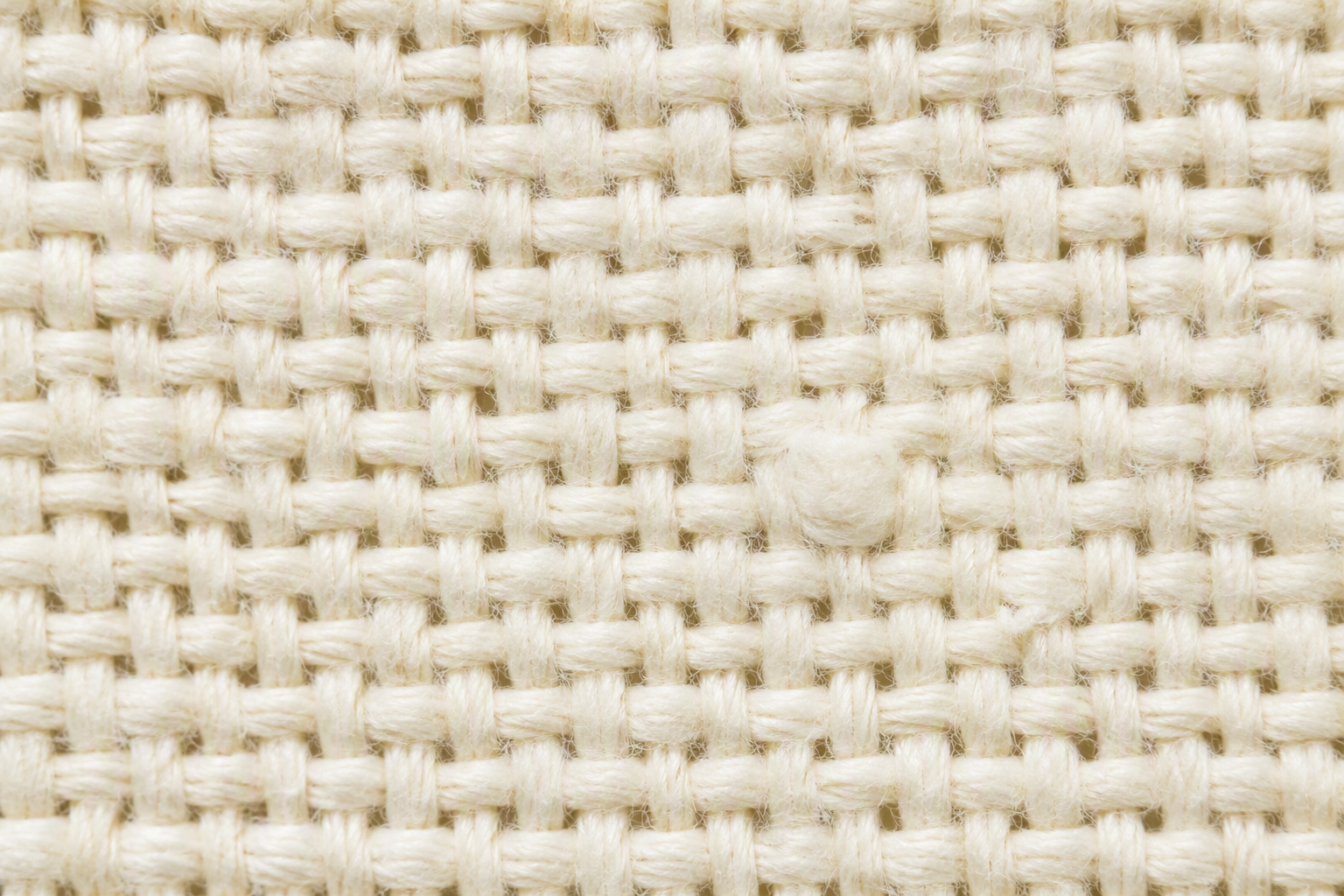 A macro close-up of natural off-white cotton plain weave, the tight basket of warp and weft yarns visible