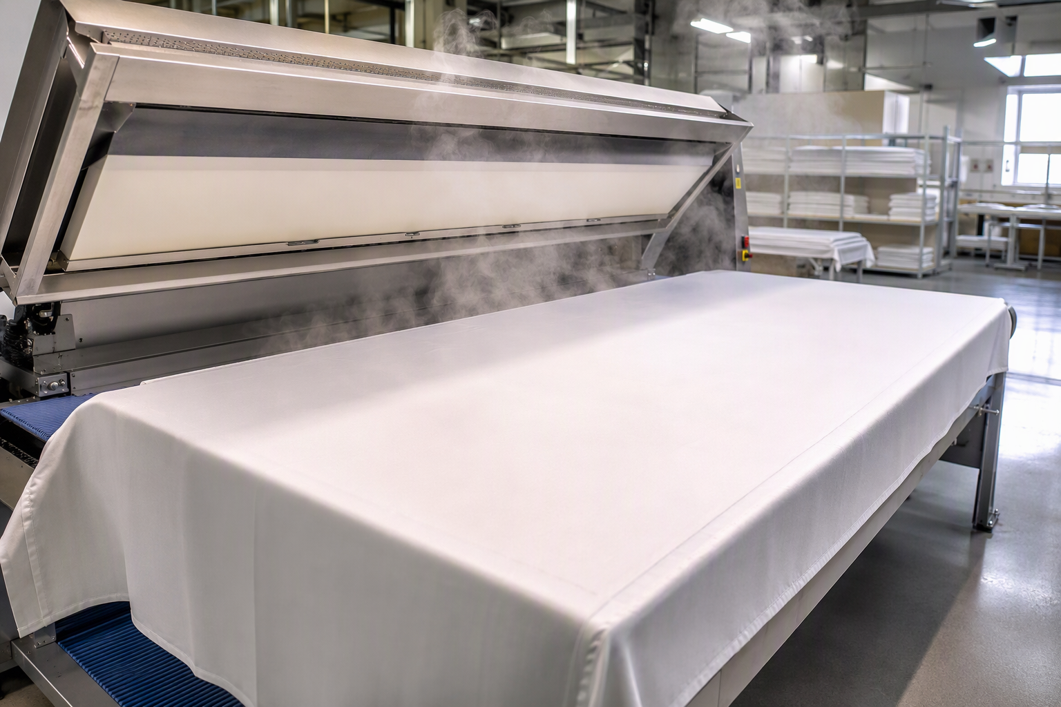 A commercial pressing machine ironing a white cotton tablecloth flat, steam rising, a hotel laundry in the background