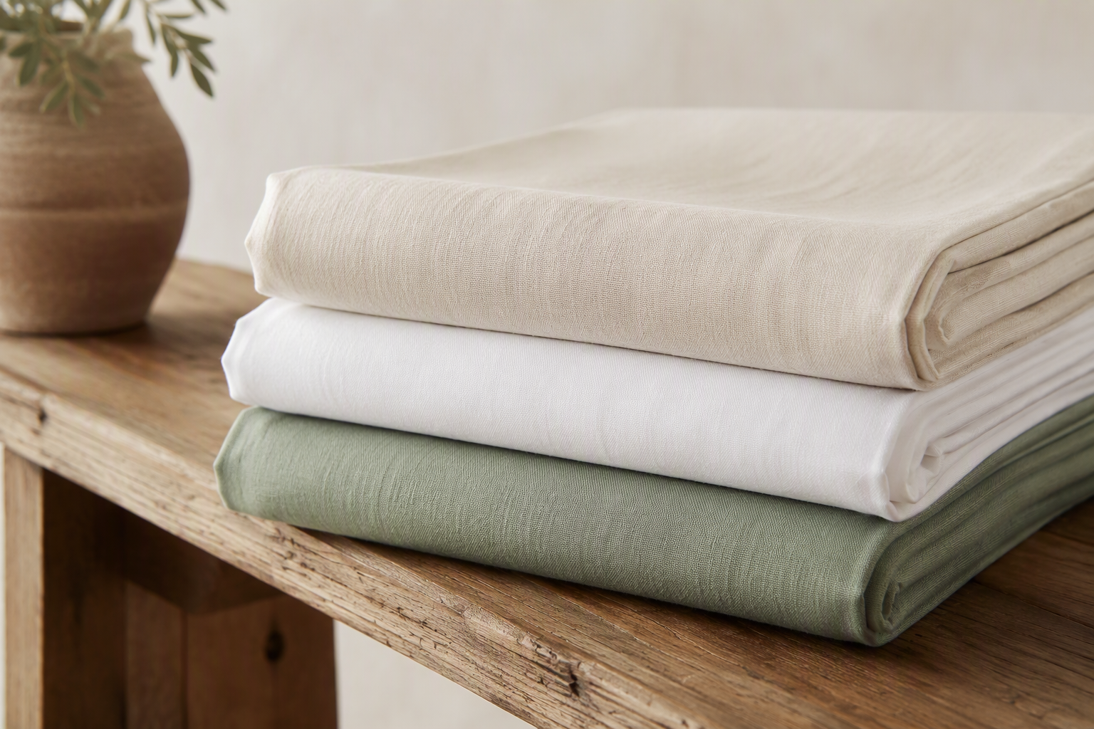 A folded stack of cotton tablecloths in natural ecru, bright white and muted sage