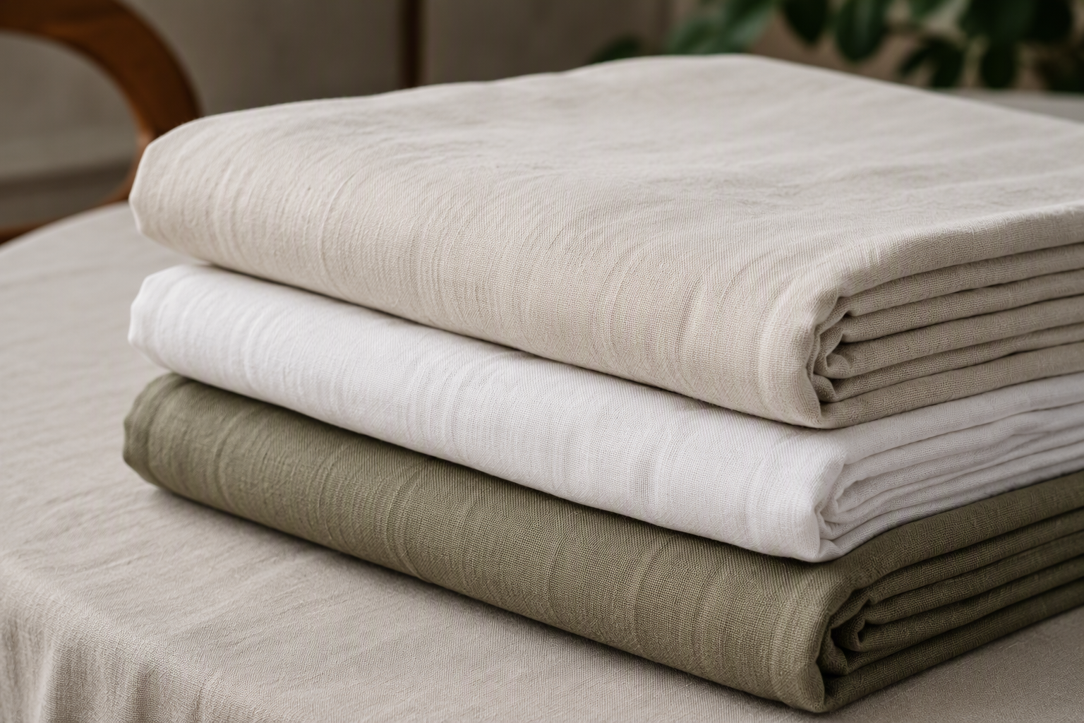 A folded stack of cotton-linen tablecloths in natural ecru, soft bleached white and muted olive