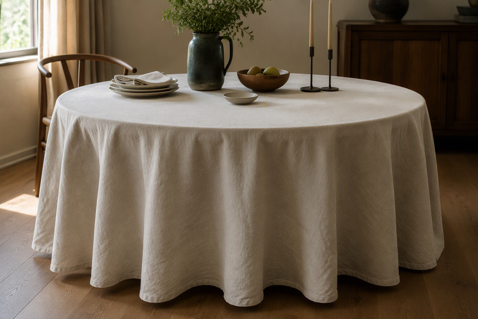 A round table with a medium-weight ecru cotton-linen tablecloth draping in soft relaxed folds