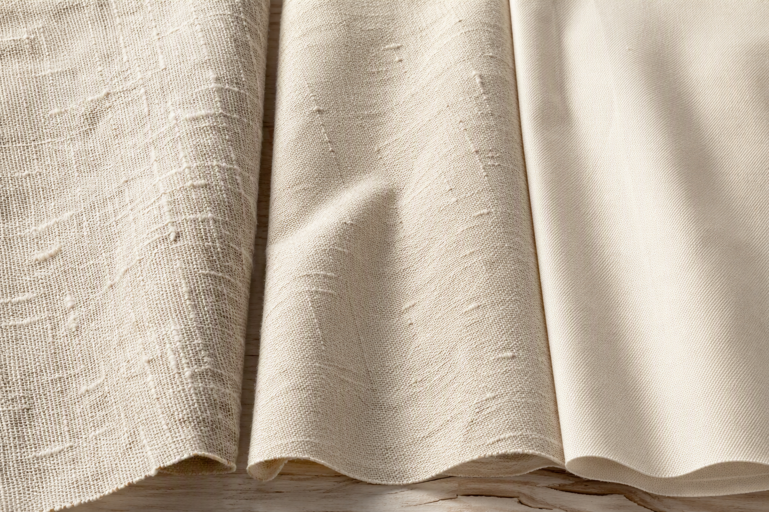 Three natural fabric swatches side by side: coarse slubbed linen, medium slub cotton-linen blend and smooth cotton in the same ecru tone