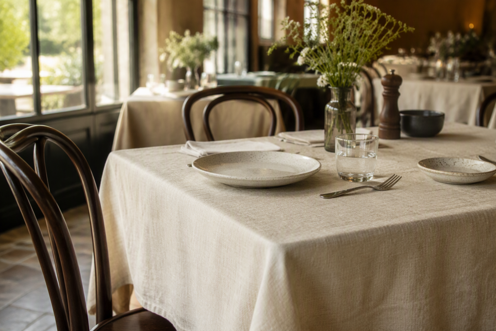 Cotton-linen tablecloth on a bistro dining table