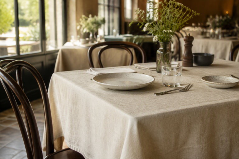 Cotton-linen tablecloth on a bistro dining table