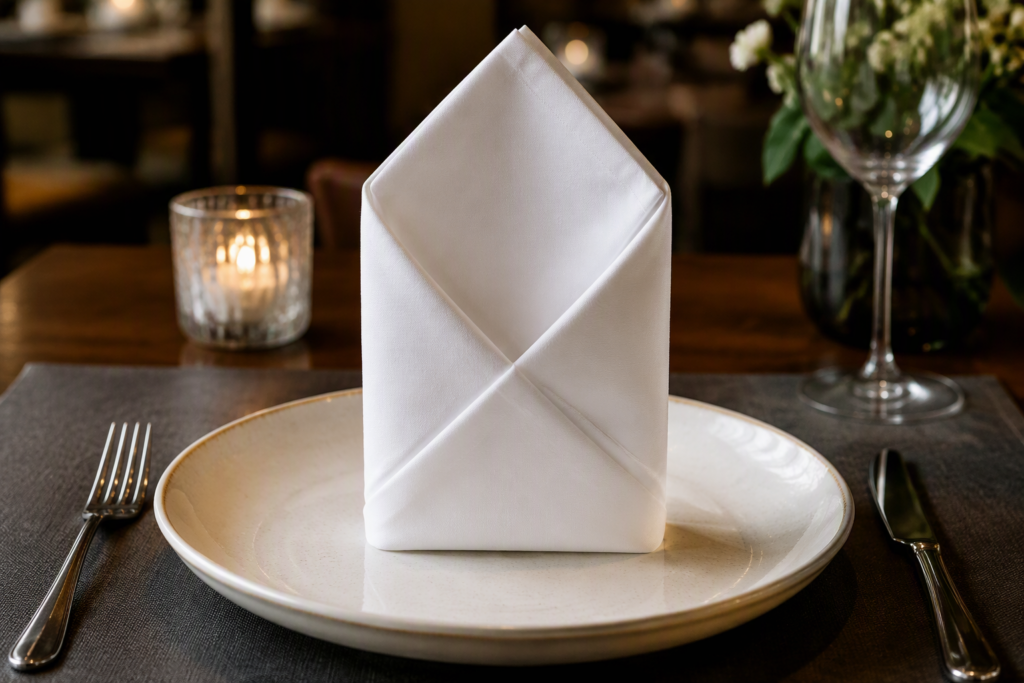 White cotton napkin folded in a pocket fold on a dinner plate