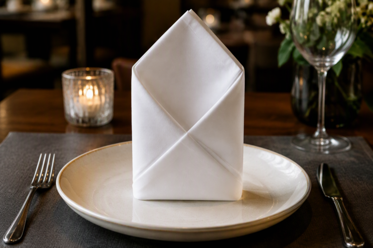 White cotton napkin folded in a pocket fold on a dinner plate
