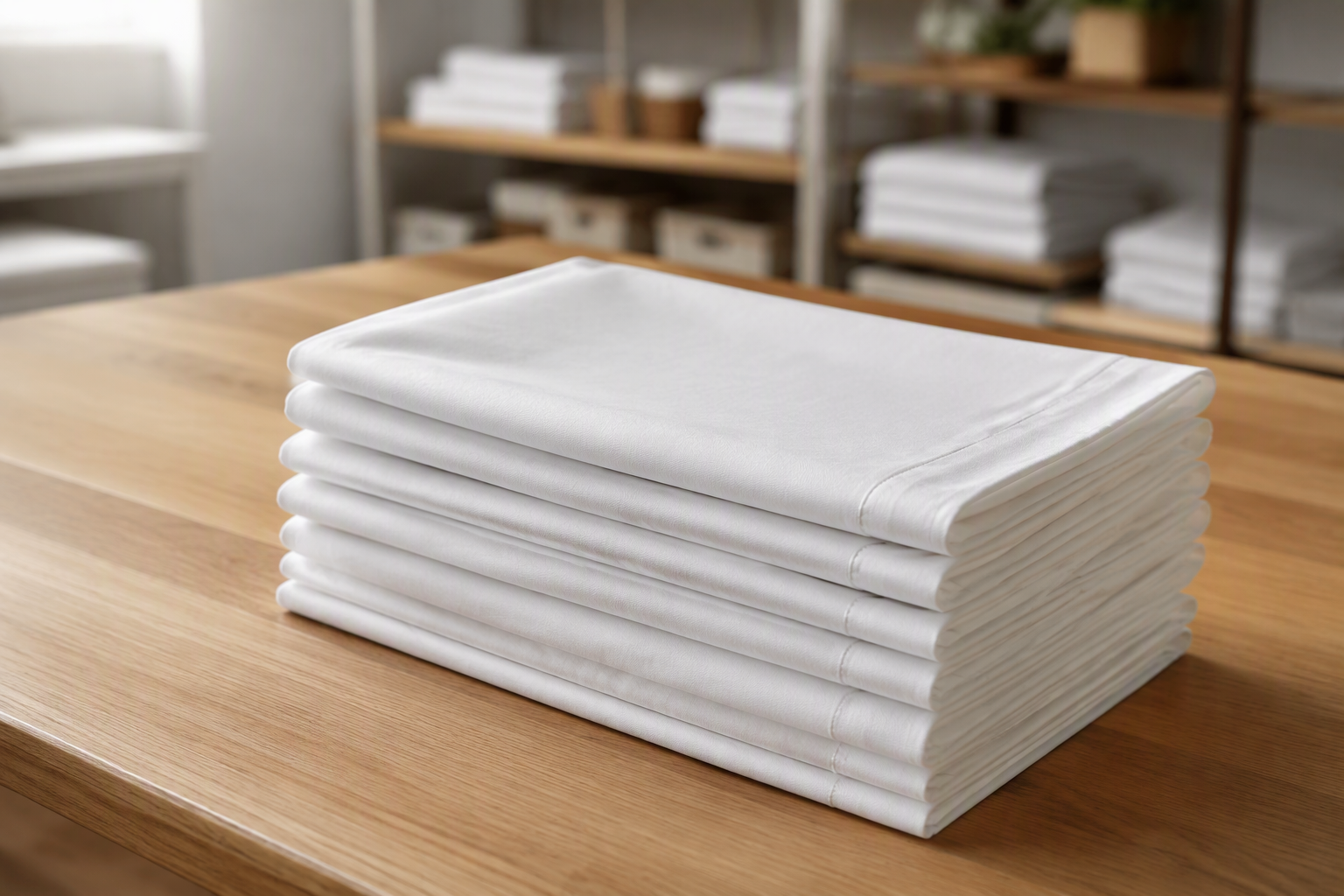 A neat stack of folded white cotton dinner napkins with crisp pressed creases on a wooden counter