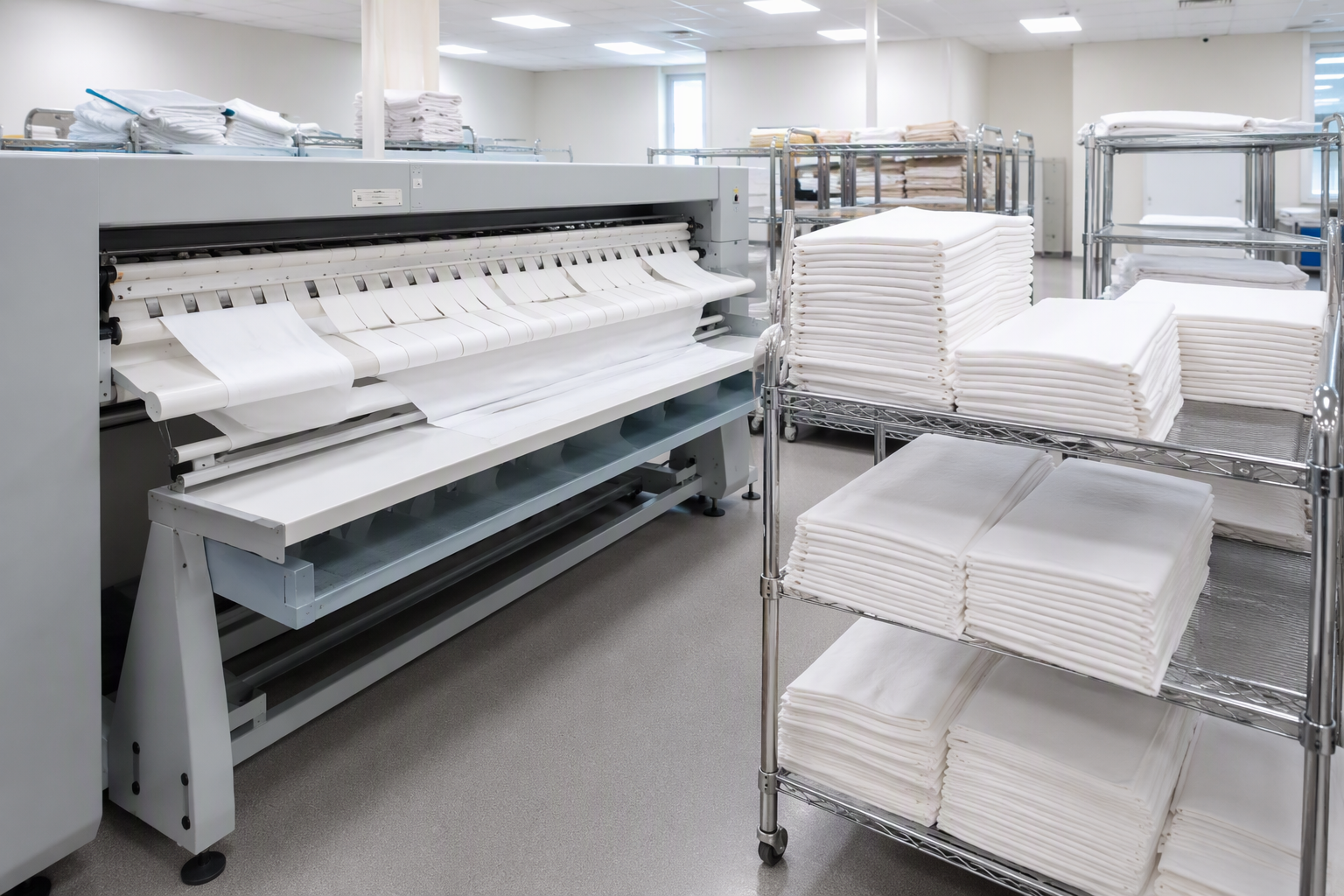 A hotel linen room with a commercial folding machine and racks of freshly folded white cotton napkins
