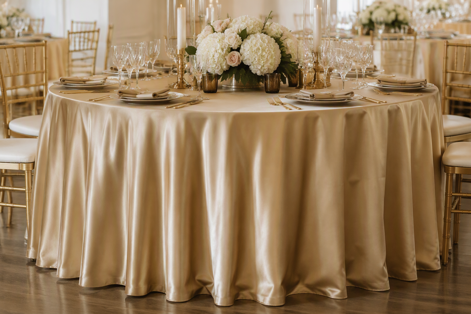A round table with a champagne satin tablecloth falling in smooth liquid folds with a long even drop