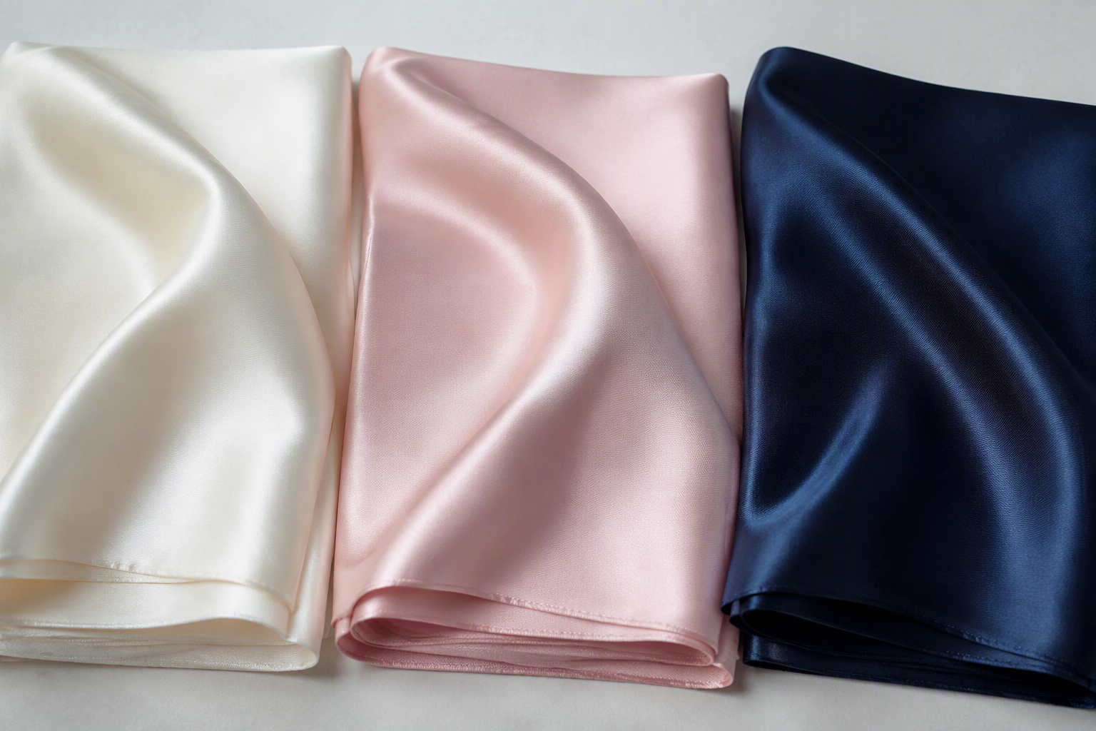 Three folded satin swatches in ivory, blush pink and deep navy, the sheen shifting with each fold