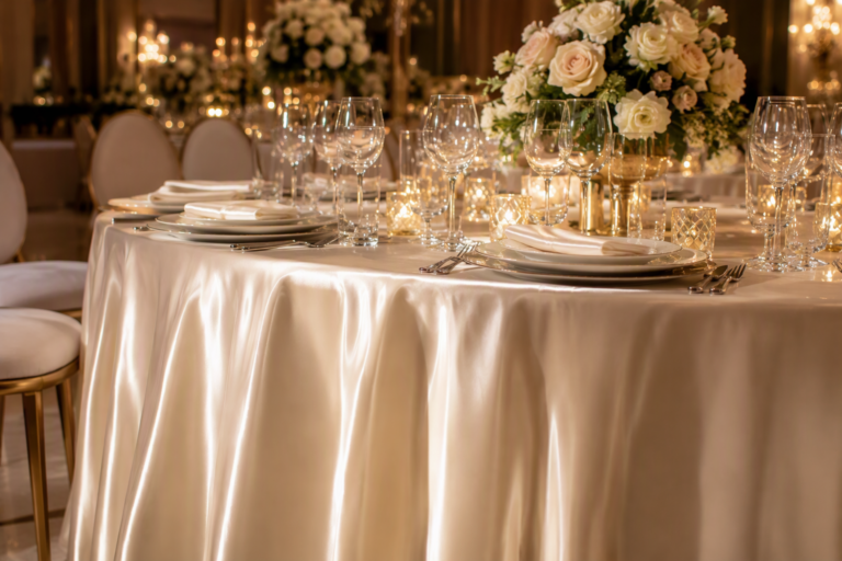 Ivory satin tablecloth on a wedding banquet table