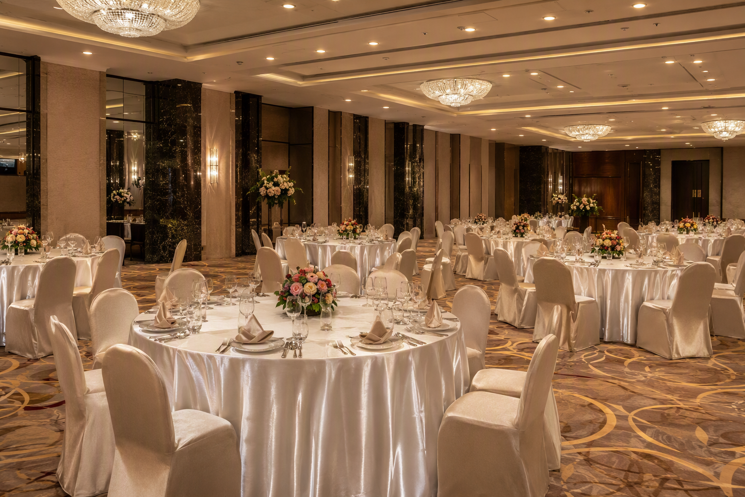 A hotel banquet hall with rows of round tables dressed in white satin, the sheen catching the overhead lights