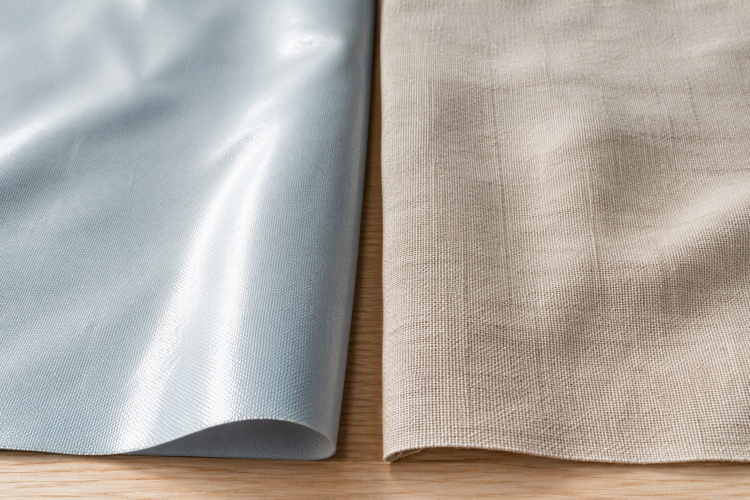 A coated glossy fabric swatch beside a matte water-repellent textured fabric swatch