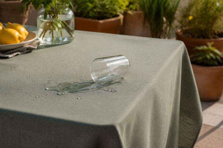 Water-repellent tablecloth on an outdoor patio table with beading water