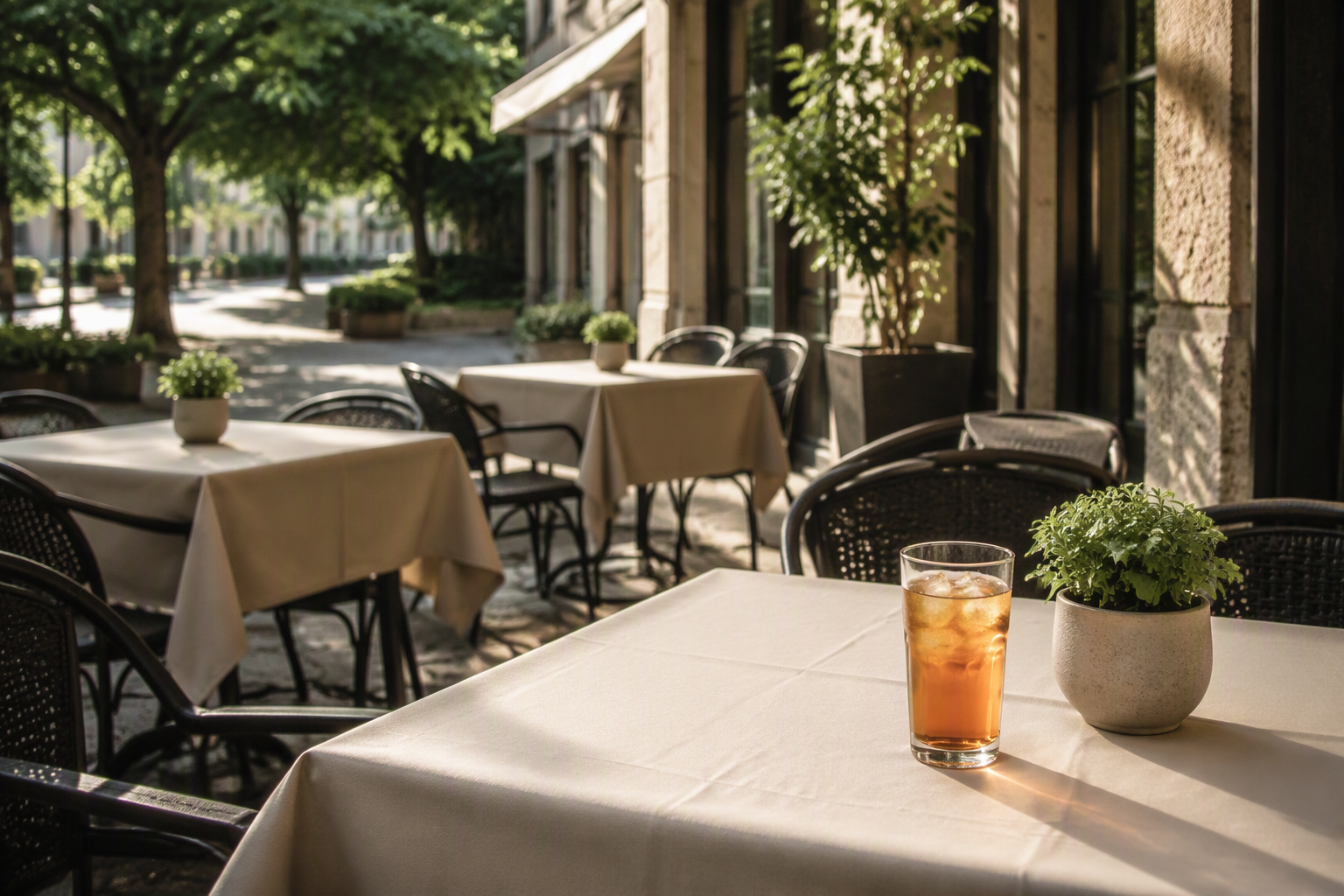 An outdoor bistro terrace with tables dressed in neutral water-repellent tablecloths