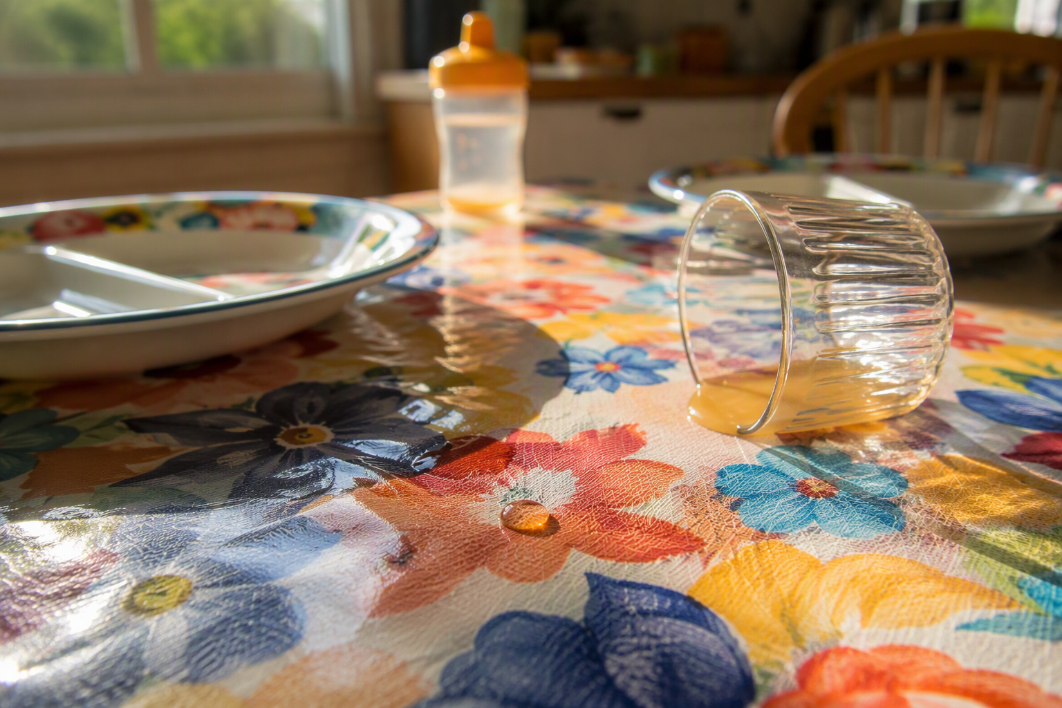 A family kitchen table where a knocked-over glass beads on a patterned waterproof tablecloth
