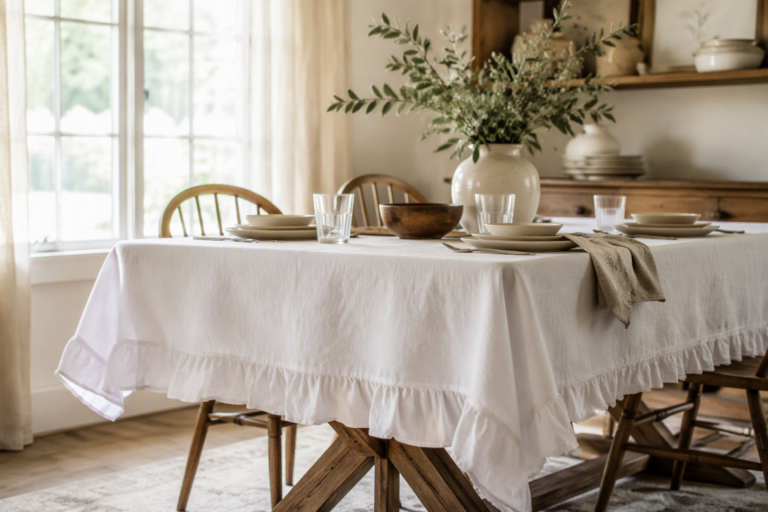 White ruffle-edge cotton tablecloth on a farmhouse dining table