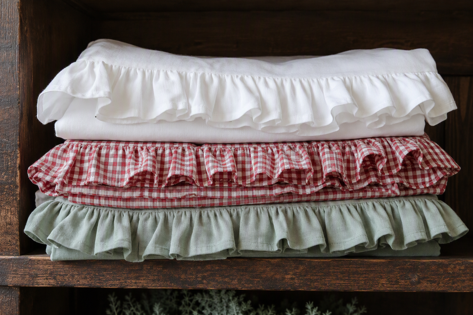 Folded ruffle tablecloths in white, red gingham and sage on a shelf