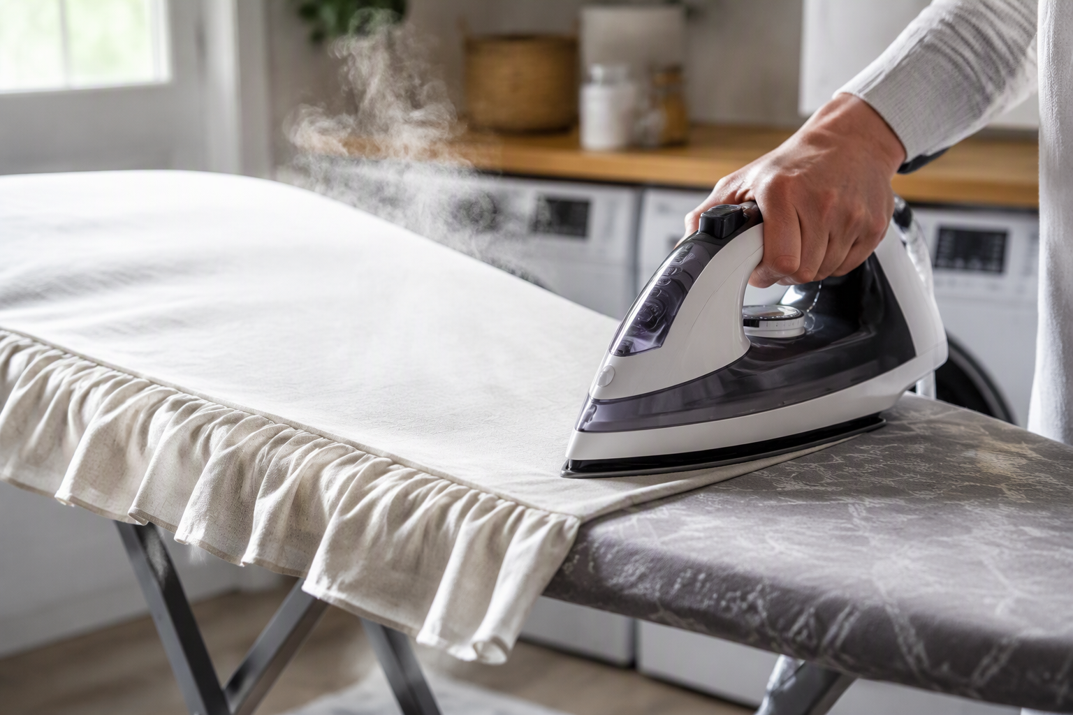 A steam iron pressing the ruffled edge of a tablecloth on an ironing board