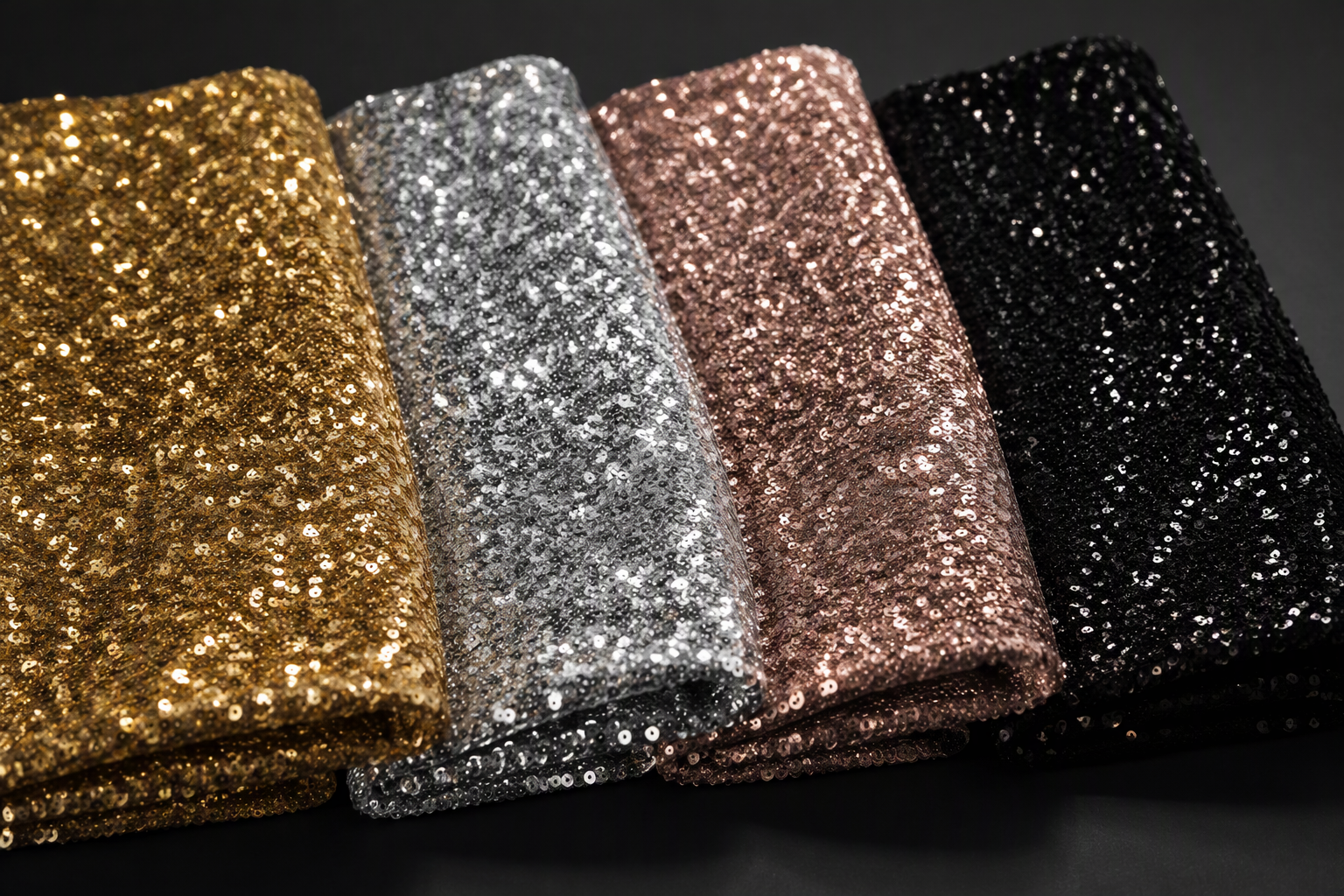 Folded sequin swatches in metallic gold, silver, rose gold and deep black