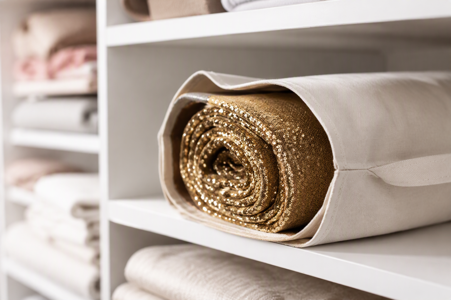 A gold sequin tablecloth rolled and stored in a fabric bag on a shelf