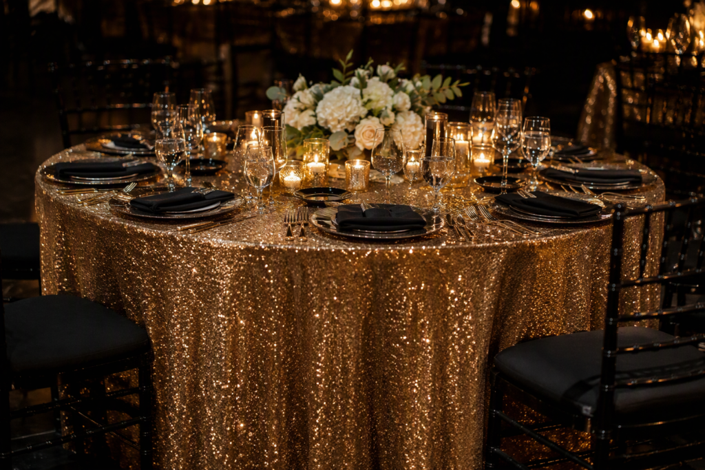 Gold sequin tablecloth on a wedding reception round table