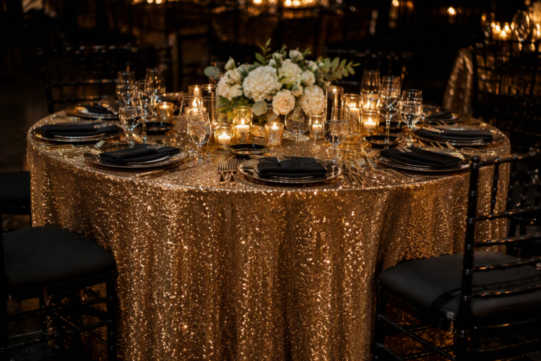 Gold sequin tablecloth on a wedding reception round table