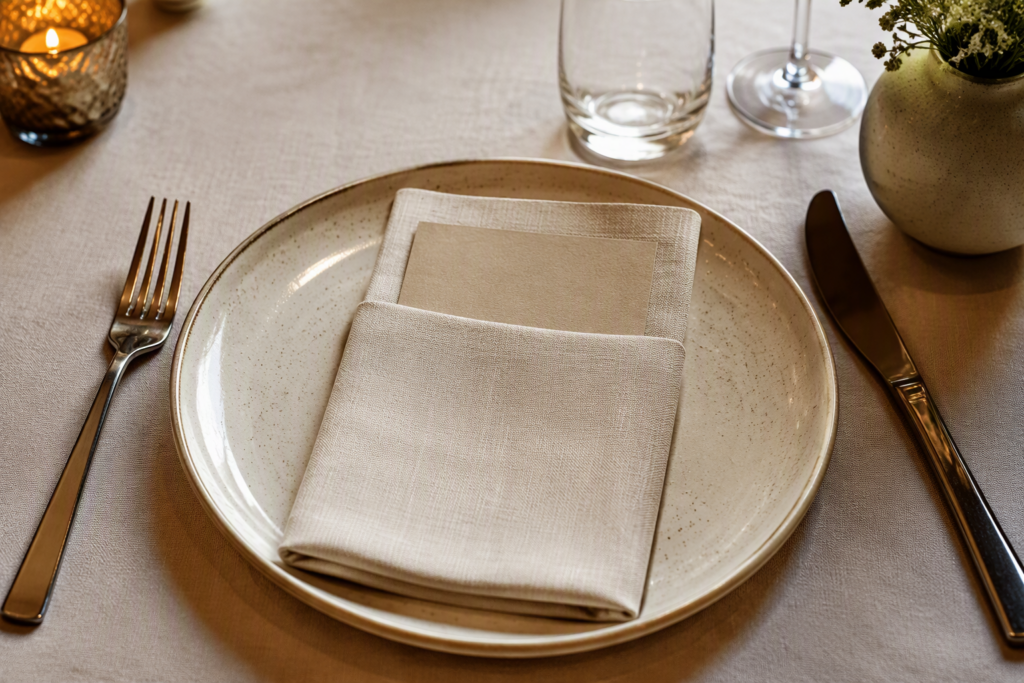 Natural ecru linen napkin in a pocket fold on a fine dining place setting
