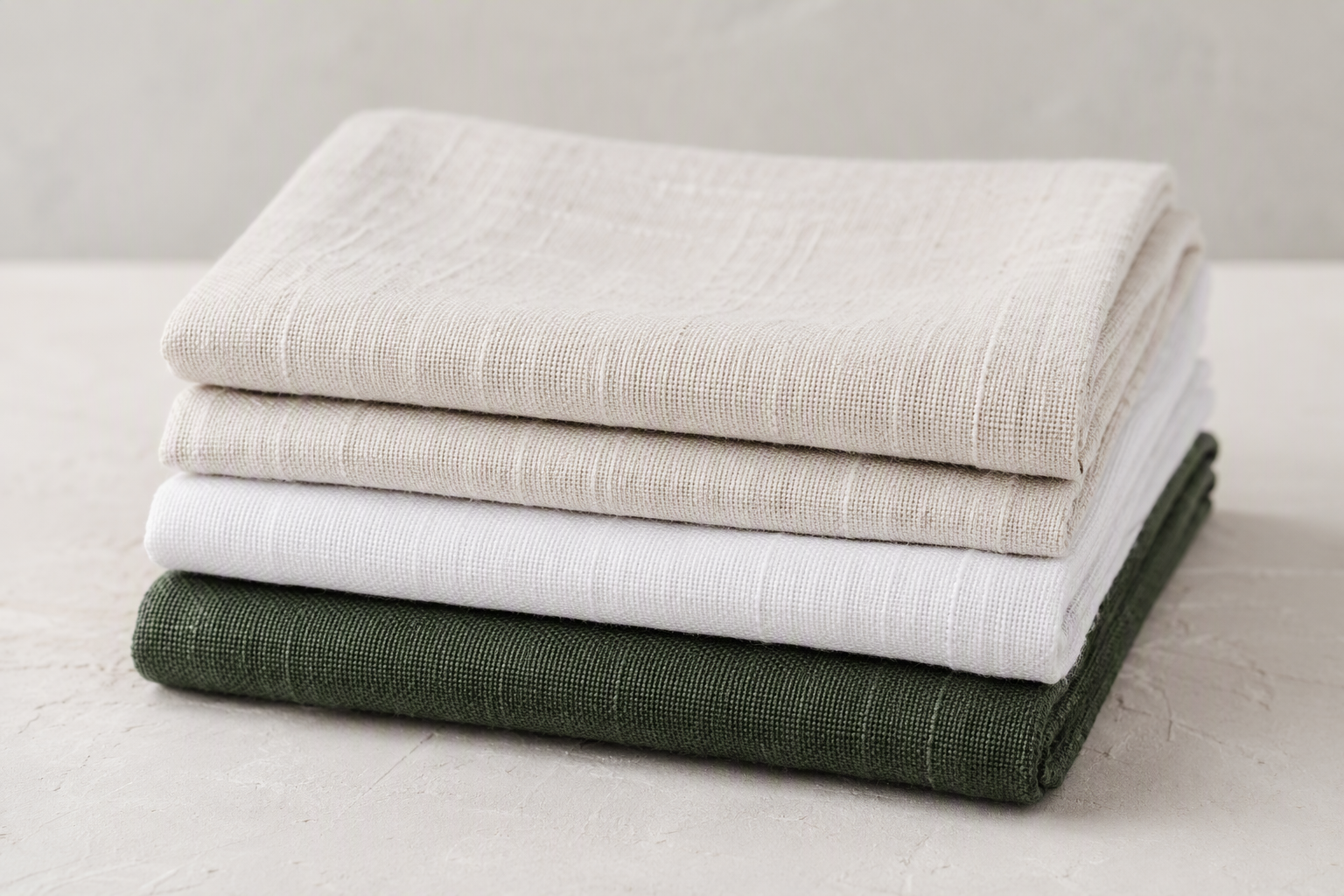 Folded linen napkins in ecru, white and forest green stacked on a light surface