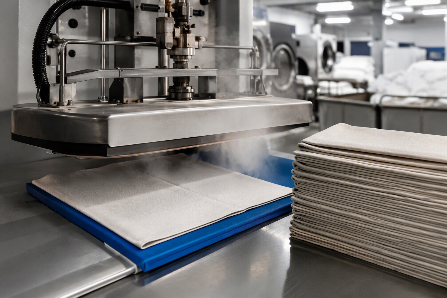 A commercial pressing machine pressing a linen napkin flat with steam