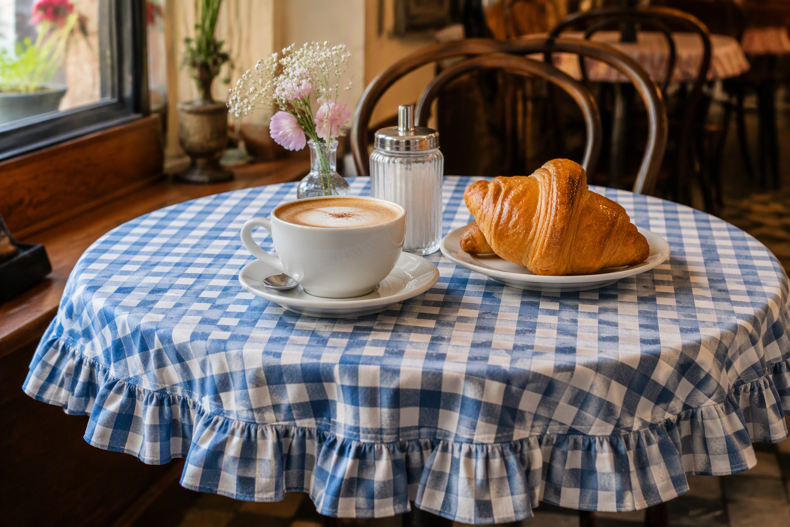 A blue-and-white gingham ruffle tablecloth set on a café table