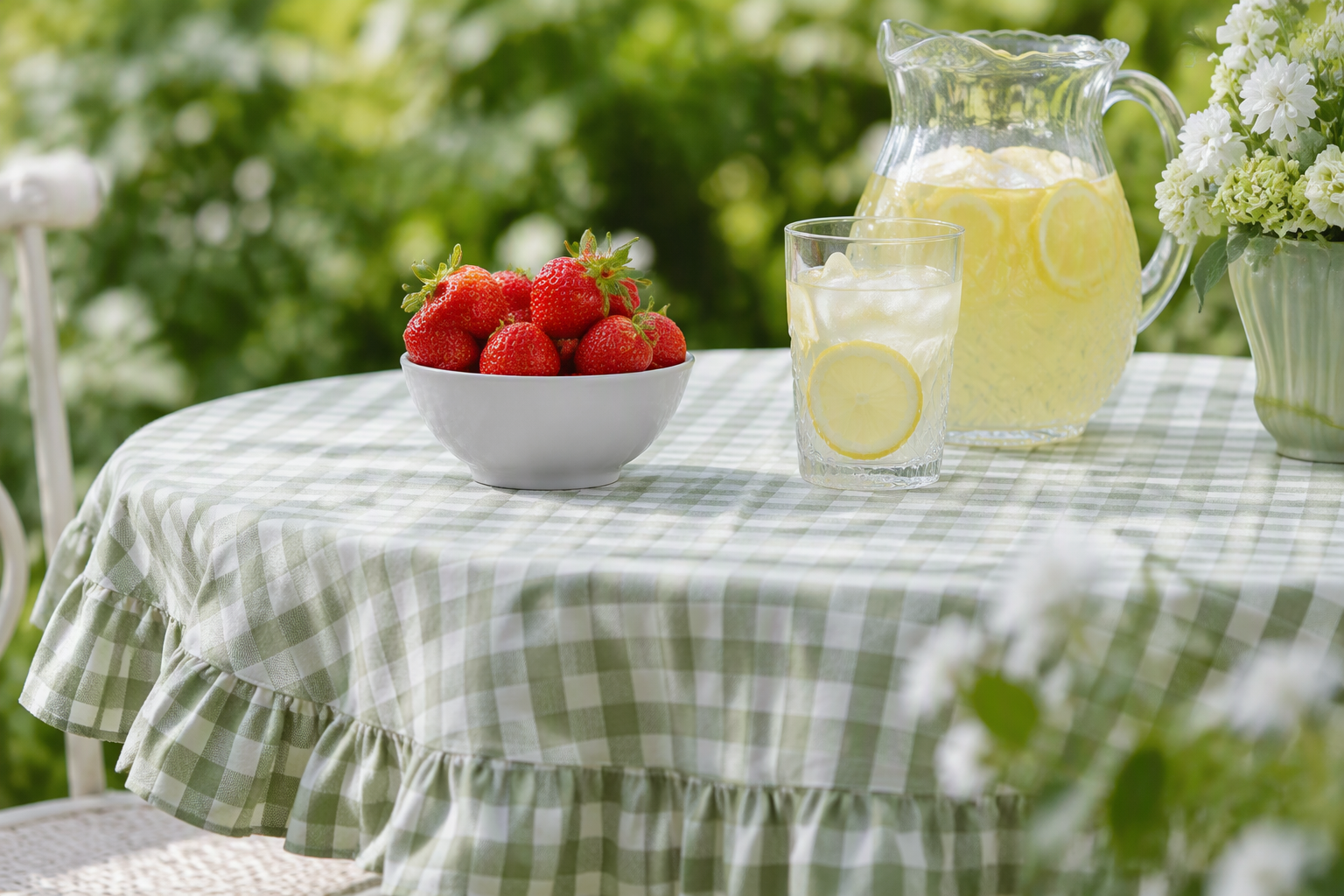 A pastel green-and-white gingham ruffle tablecloth in a spring garden setting