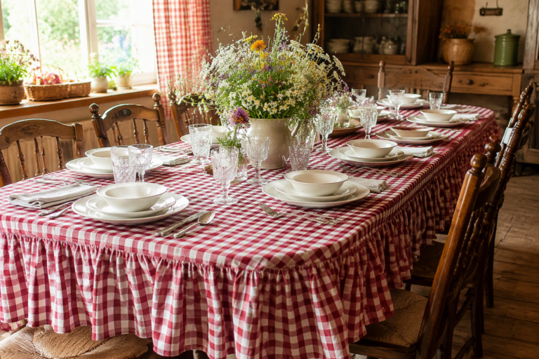 Classic red-and-white gingham check tablecloth with a gathered ruffle border on a farmhouse dining table