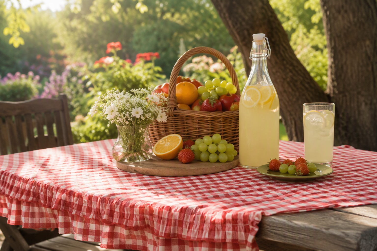 A red-and-white gingham ruffle tablecloth on an outdoor picnic table
