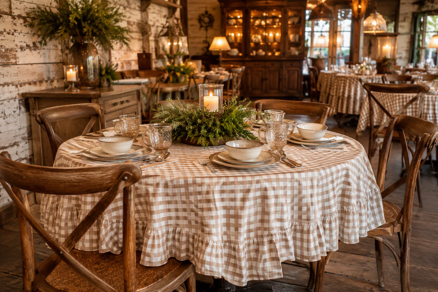 A gingham ruffle tablecloth set on a rustic farmhouse restaurant table